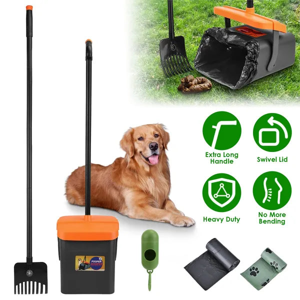 Ergonomic Long‑Handle Pooper Scooper – Telescoping or Fixed Metal Tray & Rake | Hands‑Free, No Bending