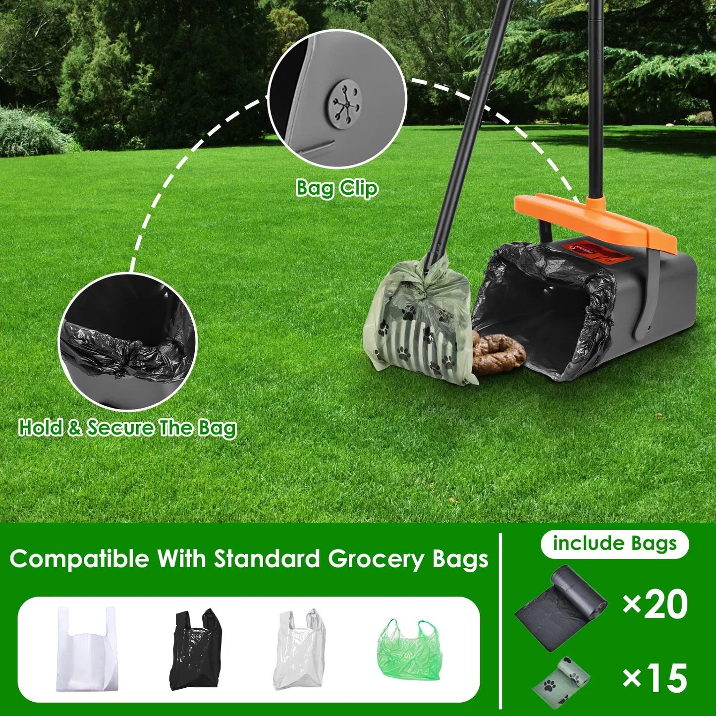 Ergonomic Long‑Handle Pooper Scooper – Telescoping or Fixed Metal Tray & Rake | Hands‑Free, No Bending