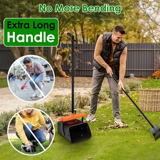 Ergonomic Long‑Handle Pooper Scooper – Telescoping or Fixed Metal Tray & Rake | Hands‑Free, No Bending