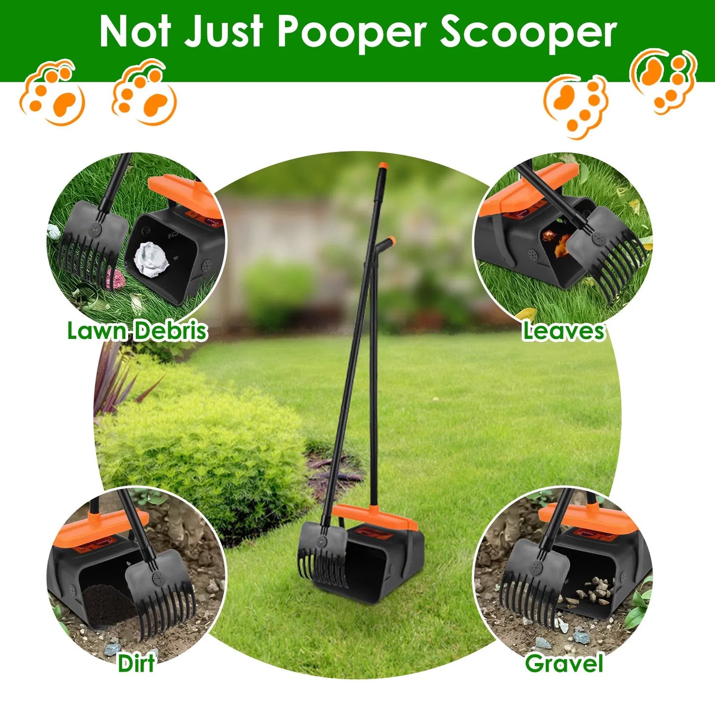 Ergonomic Long‑Handle Pooper Scooper – Telescoping or Fixed Metal Tray & Rake | Hands‑Free, No Bending