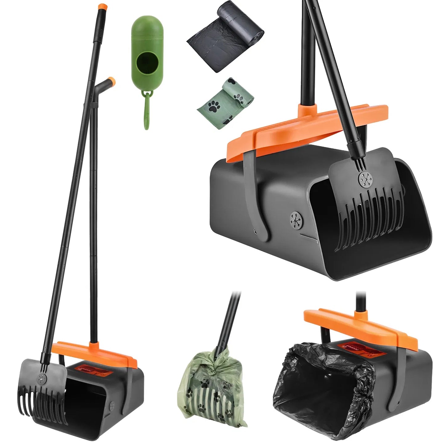 Ergonomic Long‑Handle Pooper Scooper – Telescoping or Fixed Metal Tray & Rake | Hands‑Free, No Bending